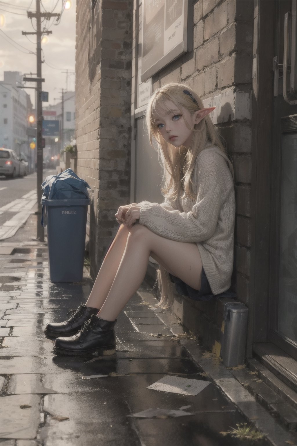 best quality,  extremely detailed,  HD,  8k,  extremely intricate:1.3),  cinematic lighting,  dystopian world:1.8, fantasy world:1.3, The city is dilapidated and dirty, rainy night, dirty road, a little elf sitting on the Pavement, leaning against the trash can, fairy tone, ((elf_ears)), sad_face, emotional eye, She feels lonely and cold