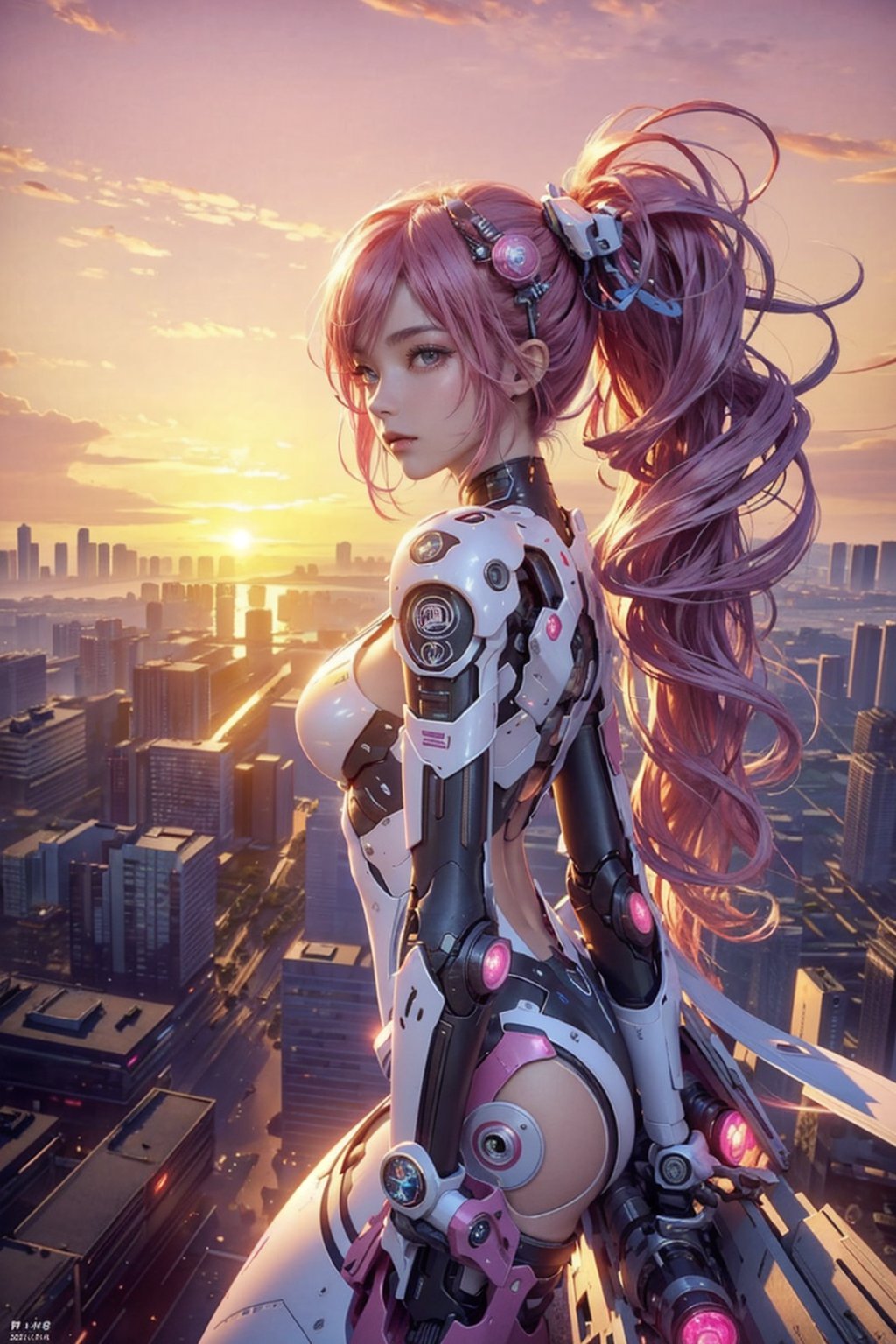 (masterpiece, top quality, best quality, official art, beautiful and aesthetic:1.2), (1girl), extreme detailed,(fractal art:1.3), colorful, highest detailed, r1ge, A photo of a sexy 16-year-old girl flying around in an erotic futuristic mechanical suit, ((neon)), full body, eros, short hair, pink hair, ((wavy hair)), hair ornament, futuristic ruined city in the background, sunset light in the distance, The general atmosphere is mildly sad but peaceful, transparent bodystocking, mecha, zoom out, high angle view,Arial view