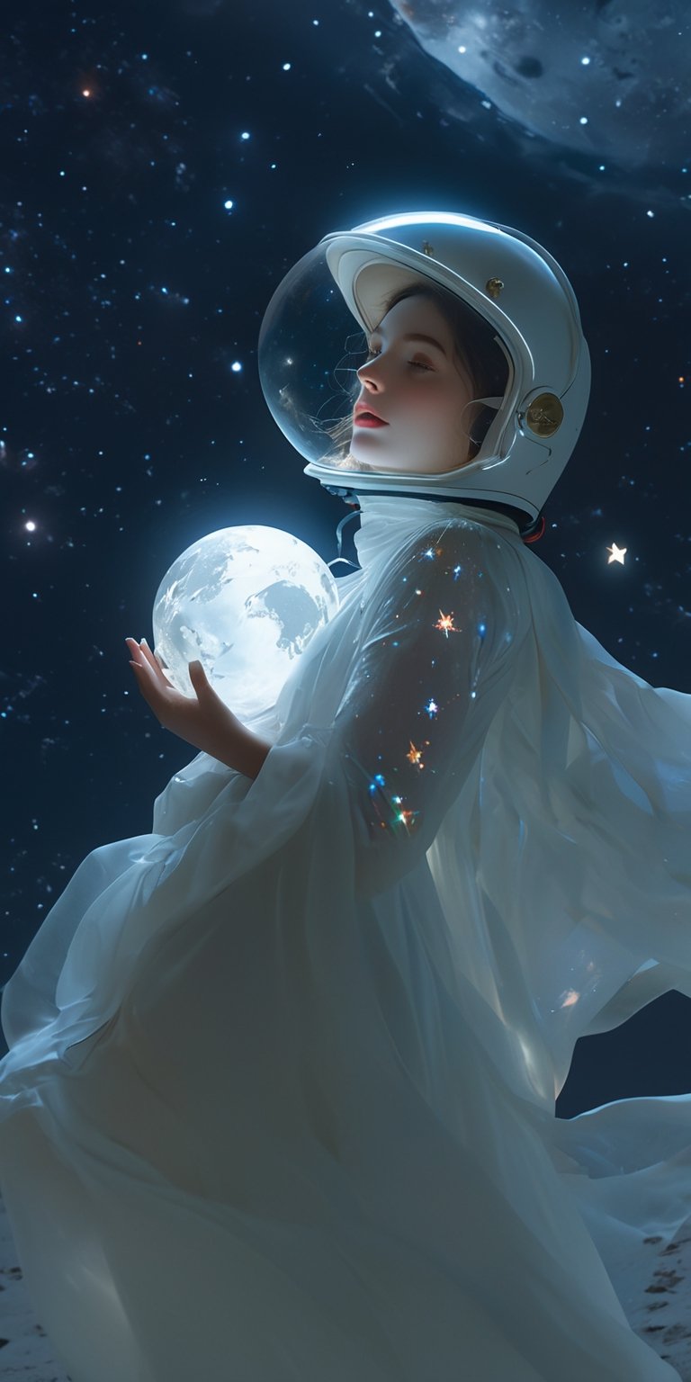 cinematic photo, 4k photo, extremely detail, sexy girl, floating in space, between the star, holding glowing globe moon, ((full glass astronat helmet)), ((sexy)), transparent astronat clothes, white, full body, pretty face, closeup shot ,painting by jakub rozalski,