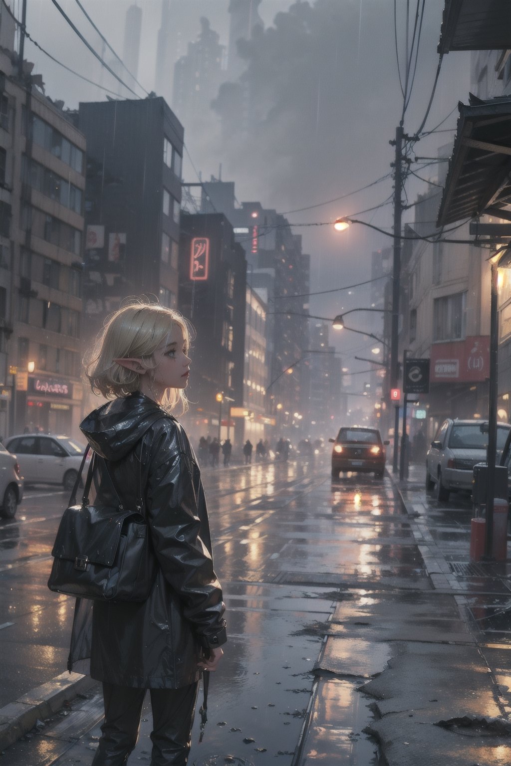 best quality,  extremely detailed,  HD,  8k,  extremely intricate:1.3),  cinematic lighting,  dystopian world:1.8, ((The city is dilapidated and dirty)), ((rainy night)), dirty road, a little elf standing on the Sidewalk, fairy tone, ((elf_ears)), sad_face, emotional eye, blue eyes, looking up at the sky, wet and short blonde hair, black raincoat, She feels lonely and cold, ((dirty on clothes)), ((dirty)), sad and gloomy atmosphere, sidebody view ,jellyfishforest,perfecteyes