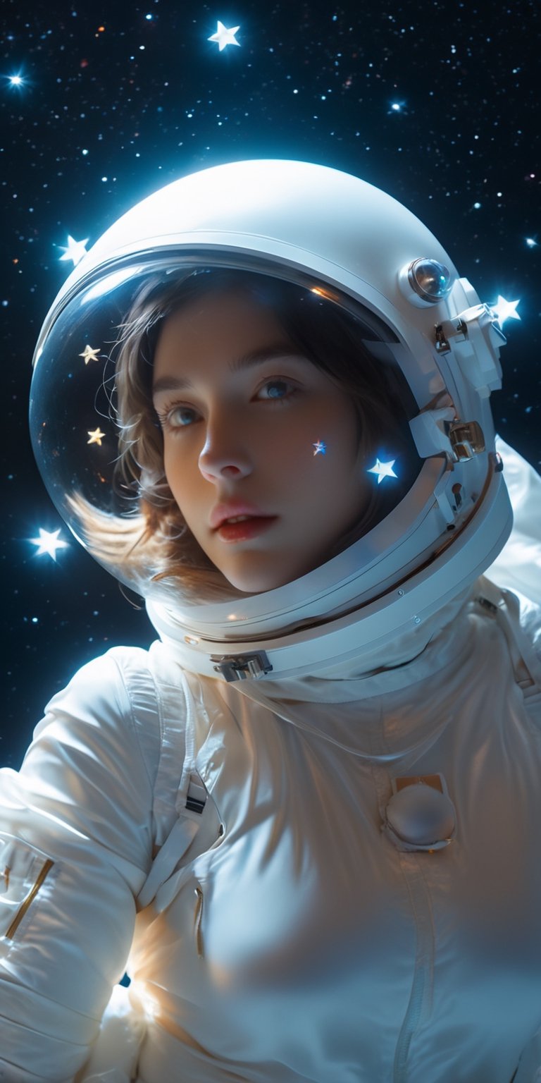 cinematuc photo, 4k photo, extremely detail, sexy girl, floating in space, between the star, holding glowing globe moon, ((full glass astronat helmet)), ((sexy)), transparent astronat clothes, white, full portrait, closeup, pretty face, ,painting by jakub rozalski,