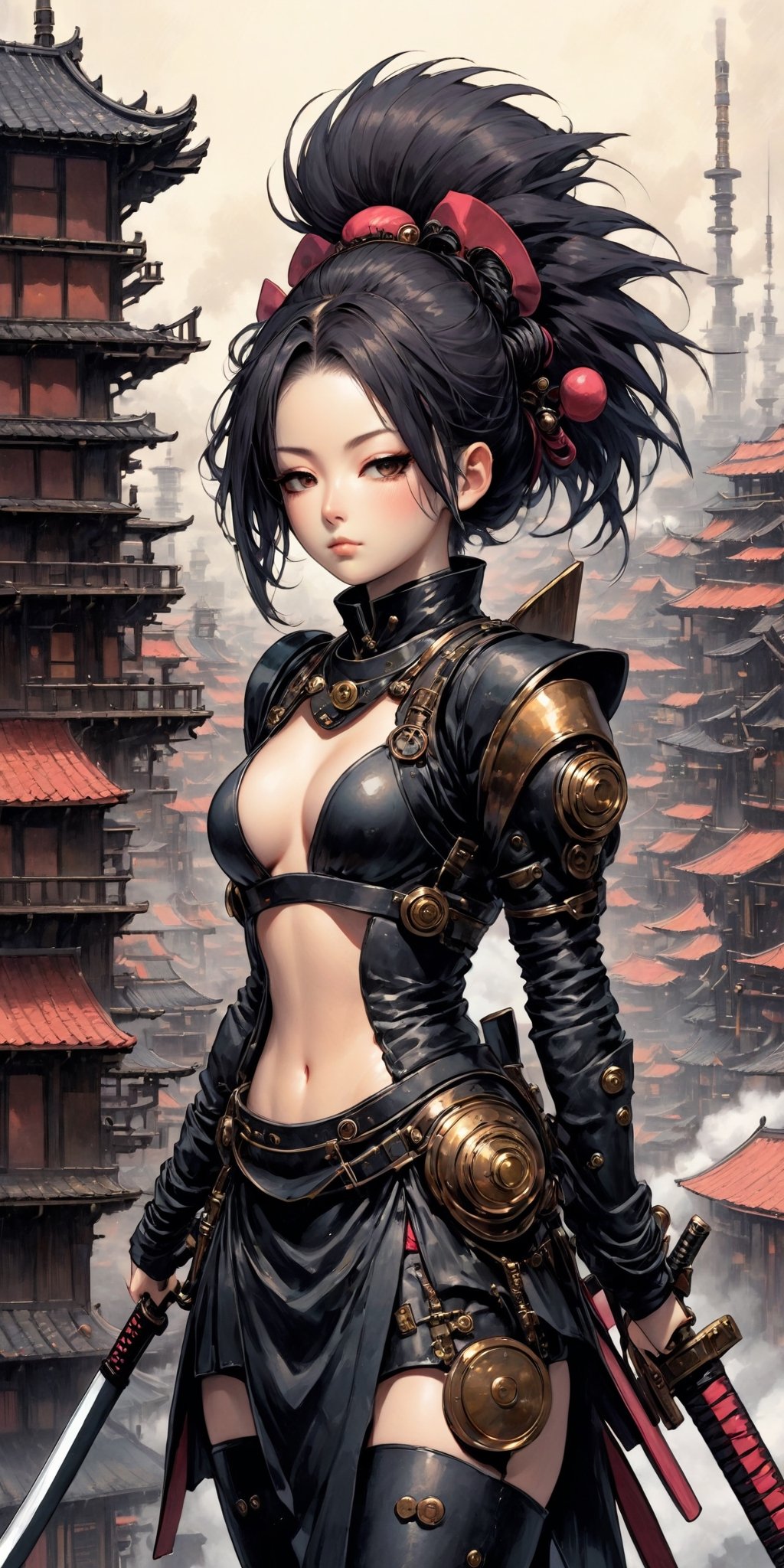 best quality, extremely detailed, HD, 8k, stream punk, japanese artwork, a sexy kunoichi is standing on the roof, ((mechanical arm)), ((katana)), ((full body)), midnight, low lighting, steampunk style clothes,cyborg style, japan in steampunk style background,steampunk style