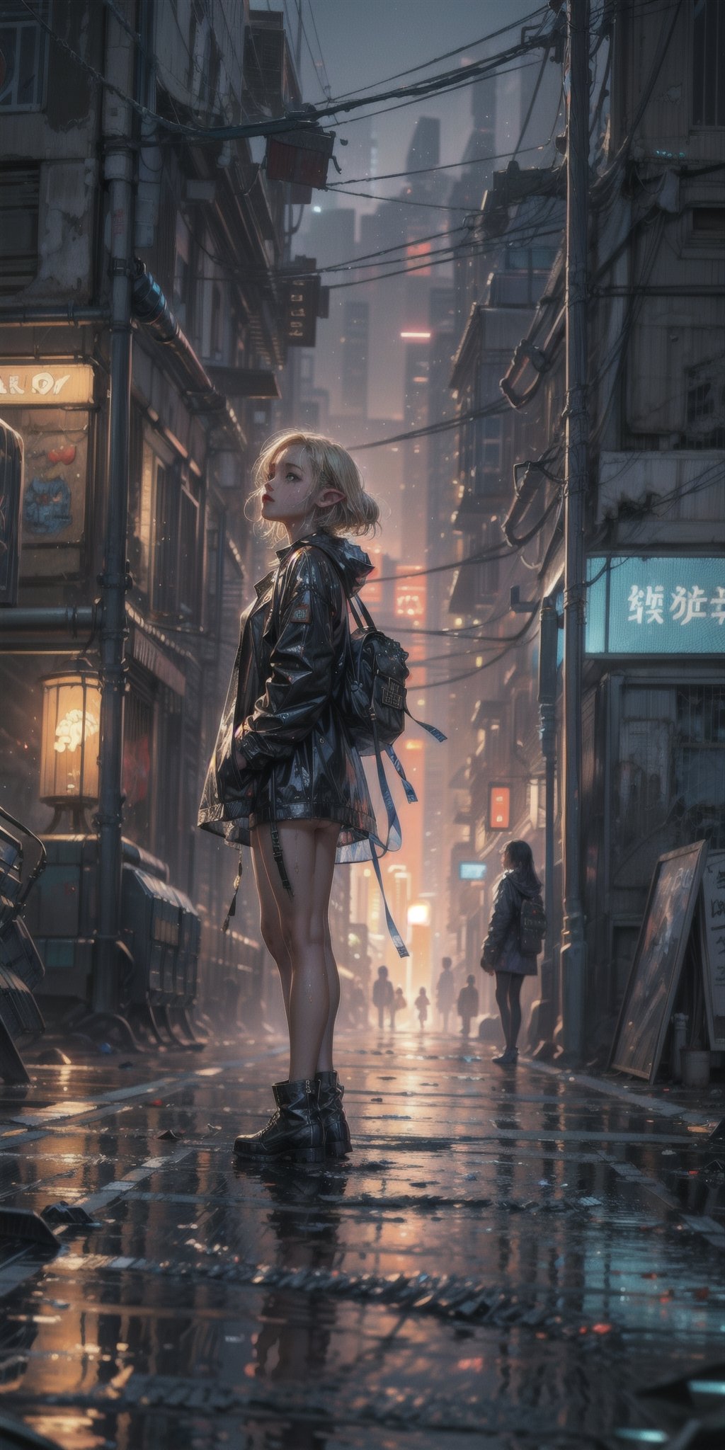 best quality,  extremely detailed,  HD,  8k,  extremely intricate:1.3),  cinematic lighting,  cyberpunk world:1.8, ((The city is dilapidated and dirty)), ((rainy night)), dirty road, a little elf standing on the Sidewalk, fairy tone, ((elf_ears)), sad_face, emotional eye, blue eyes, ((looking up at the sky)), wet and short blonde hair, black raincoat, She feels lonely and cold, ((dirty on clothes)), ((dirty)), sad and gloomy atmosphere, sidebody view ,jellyfishforest,perfecteyes, ((Extremely detailed background)),cyber_asia , close view