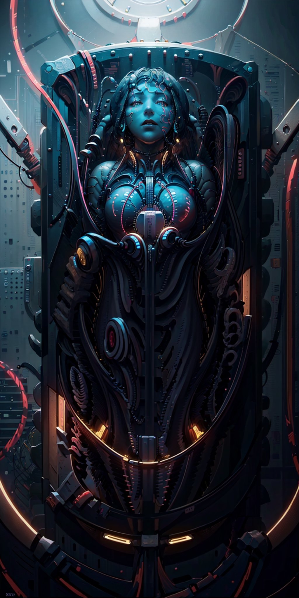 best quality,  extremely detailed,  HD,  8k, cyborg girl, ((wires wrapped body: 1.8)), She lies on a ((giant circuit board)), front body view, ((close body view))