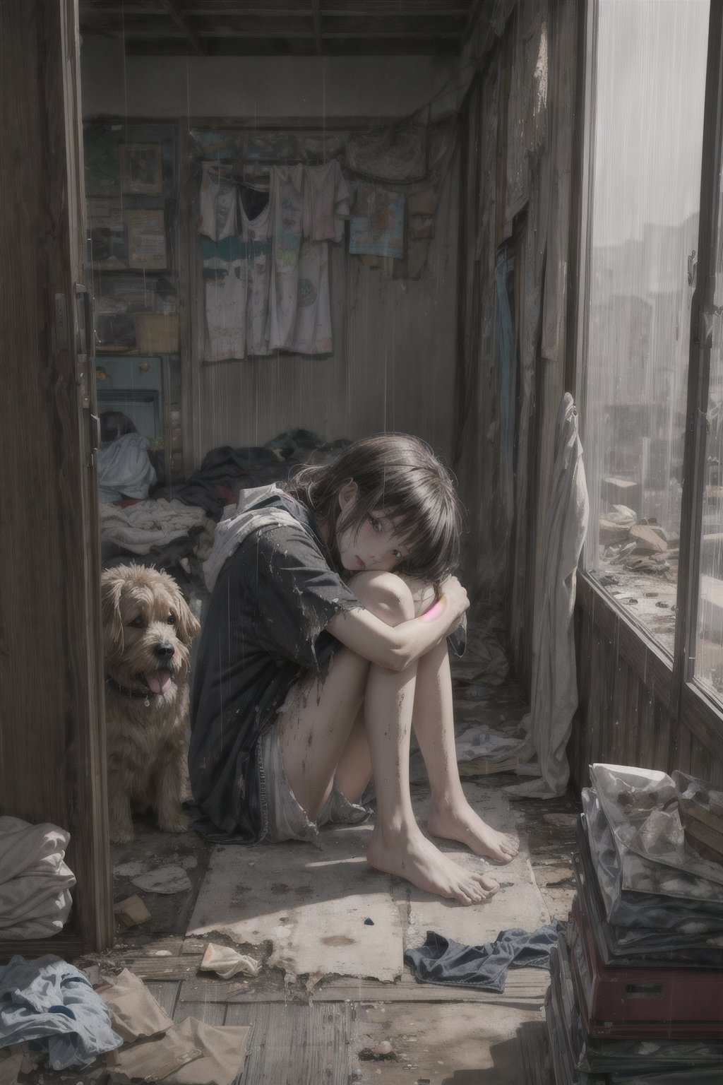 best quality,  extremely detailed, HD,  8k,  extremely intricate:1.3), dystopian world, japanese room, ((raining outside)), The little girl is sitting on the floor and hugging her big dog, ((hugging dog)), ((dirty clothes)), worried face, the room is dilapidated and dirty, ((ripped clothes)), ((dirty)), ((full body)), looking outside, The atmosphere is gloomy and sad