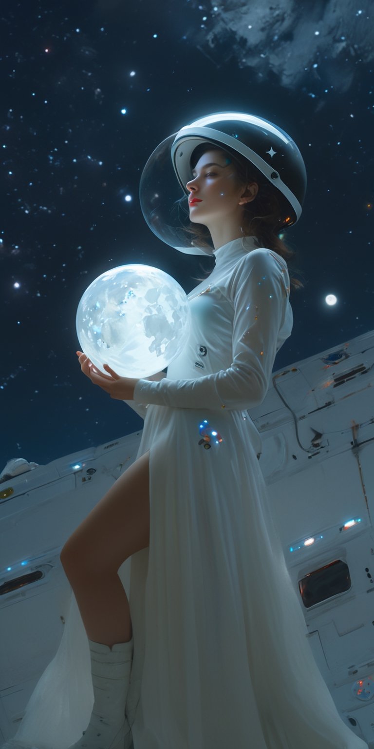 cinematic photo, 4k photo, extremely detail, sexy girl, floating in space, between the star, holding glowing globe moon, ((full glass astronat helmet)), ((sexy)), transparent astronat clothes, white, full body, pretty face, closeup shot ,painting by jakub rozalski,