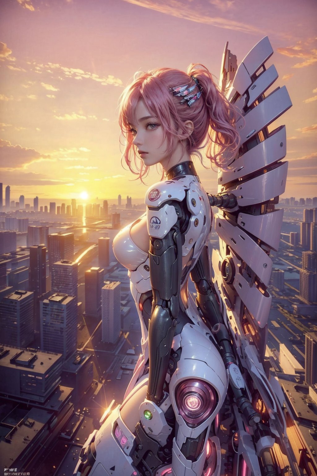 (masterpiece, top quality, best quality, official art, beautiful and aesthetic:1.2), (1girl), extreme detailed,(fractal art:1.3), colorful, highest detailed, r1ge, A photo of a sexy 16-year-old girl flying around in an erotic futuristic mechanical suit, ((neon)), full body, nude, short hair, pink hair, ((wavy hair)), hair ornament, futuristic ruined city in the background, sunset light in the distance, The general atmosphere is mildly sad but peaceful, transparent bodystocking, mecha, zoom out, high angle view,Arial view