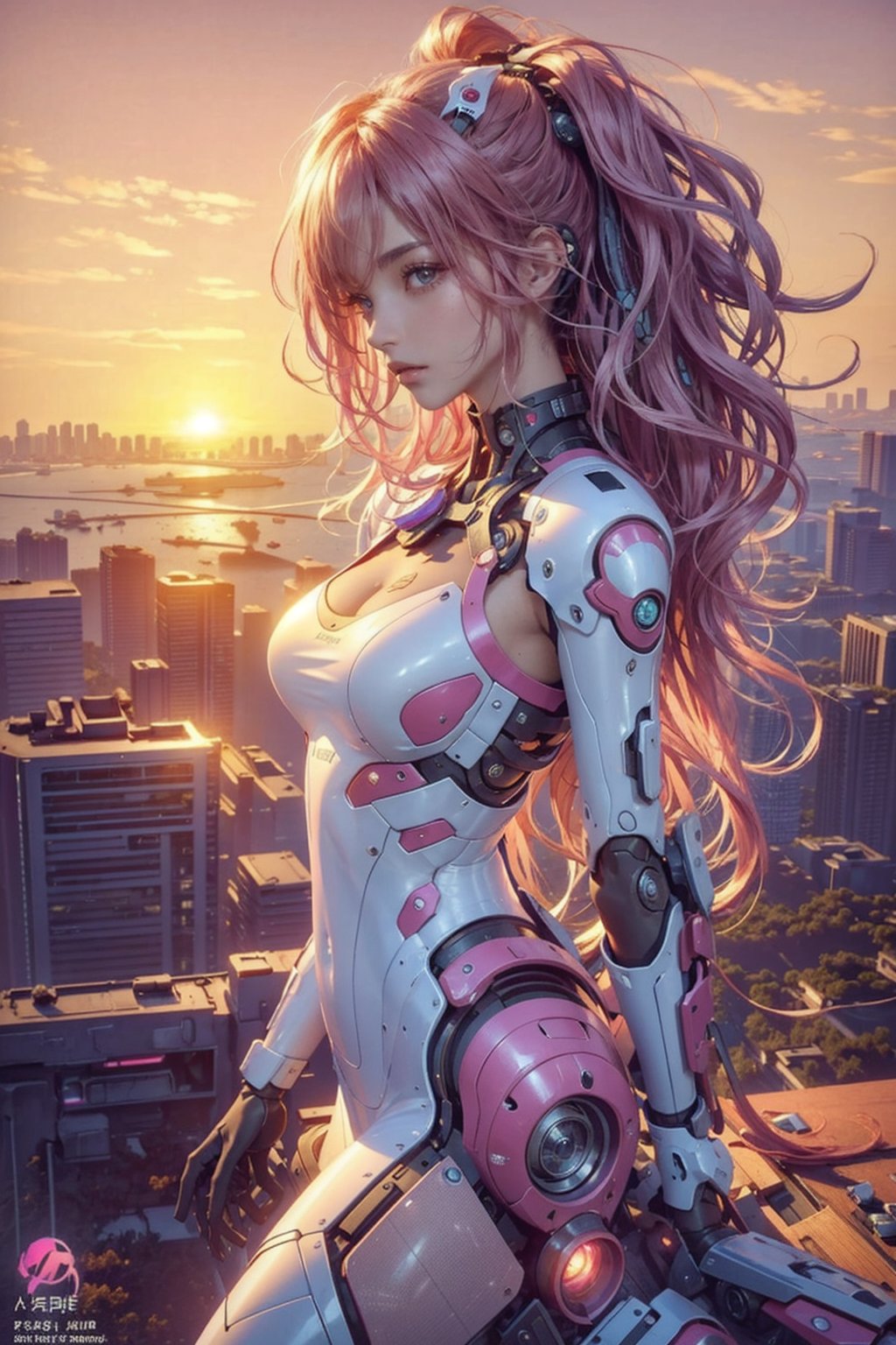 (masterpiece, top quality, best quality, official art, beautiful and aesthetic:1.2), (1girl), extreme detailed,(fractal art:1.3), colorful, highest detailed, r1ge, A photo of a sexy 16-year-old girl flying around in an erotic futuristic mechanical suit, ((neon)), full body, fortn view, look at view, nude, short hair, pink hair, ((wavy hair)), hair ornament, futuristic ruined city in the background, sunset light in the distance, The general atmosphere is mildly sad but peaceful, transparent bodystocking, mecha, zoom out, high angle view,Arial view