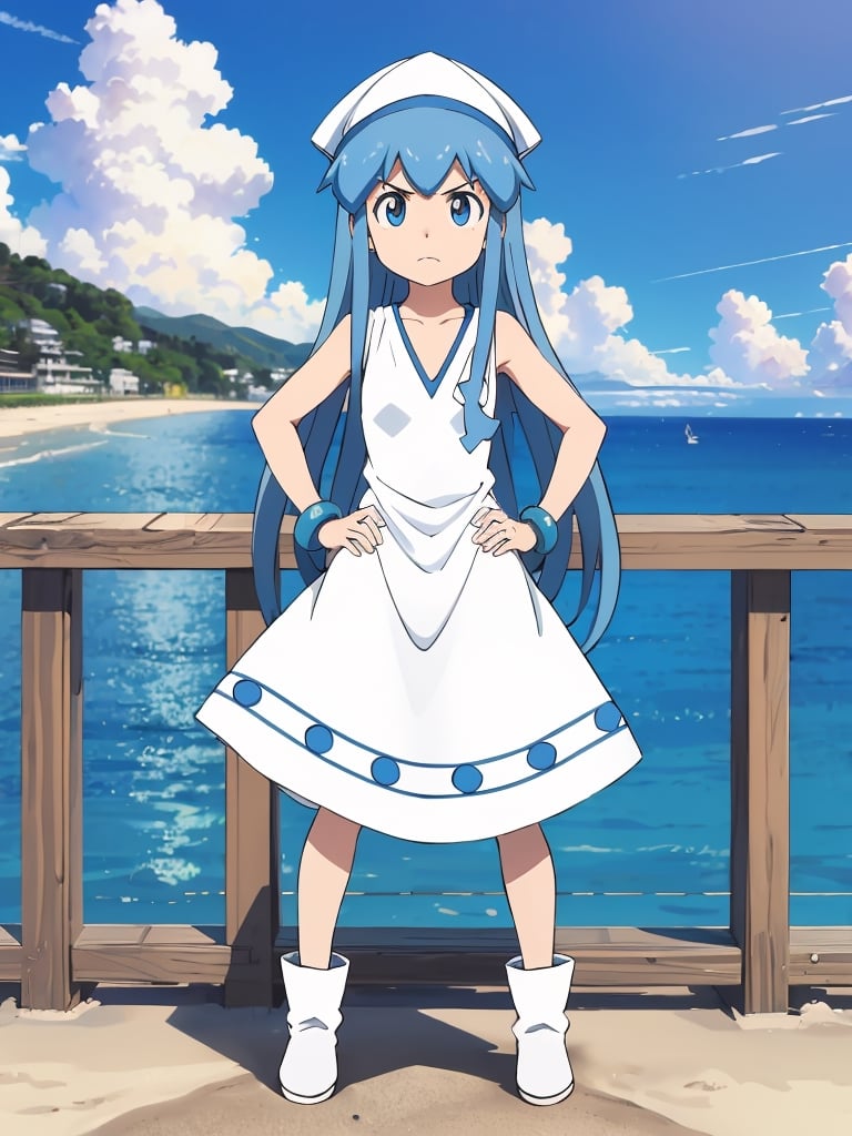 ((best quality)),((highly detailed)),masterpiece,absurdres,detailed face,beautiful face,(detailed eyes, deep eyes),(1girl),((dynamic pose)), , ika, dress, 1girl, hands on hips, sky, solo, blue eyes, blue hair, v-shaped eyebrows, hat, long hair, cloud, day, blue sky, tentacle hair, ocean, looking at viewer, standing, white dress, outdoors, sleeveless, horizon, white headwear, bracelet, frown, jewelry, full body, small breasts, sleeveless dress, closed mouth, very long hair, collarbone, water, cloudy sky, window, no humans, parody, breasts, railing, shoes, scenery, bangs, beach, boots, bare shoulders, indoors,,cowboy shot
,ika