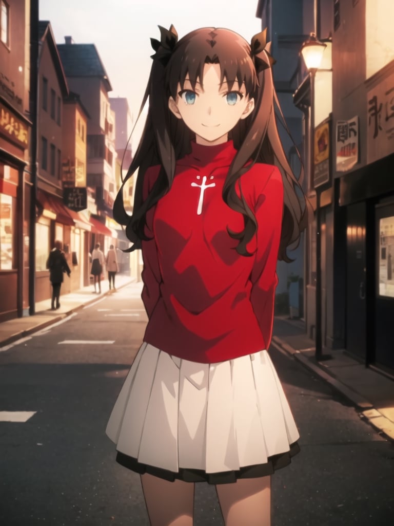 Top Quality, (Masterpiece: 1.2), High Definition, Around Town, Street Scene, Night, Rin Tohsaka, 1girl, Solo, Standing, from side, (arms behind back:1.5), Looking at Her, Smiling, Long Hair, Two Side Up, Brown Hair, Blue Eyes, Hair Ribbon, Red Turtleneck, Long Sleeves, Pleated skirt, black skirt, kneehighs,tohsaka rin