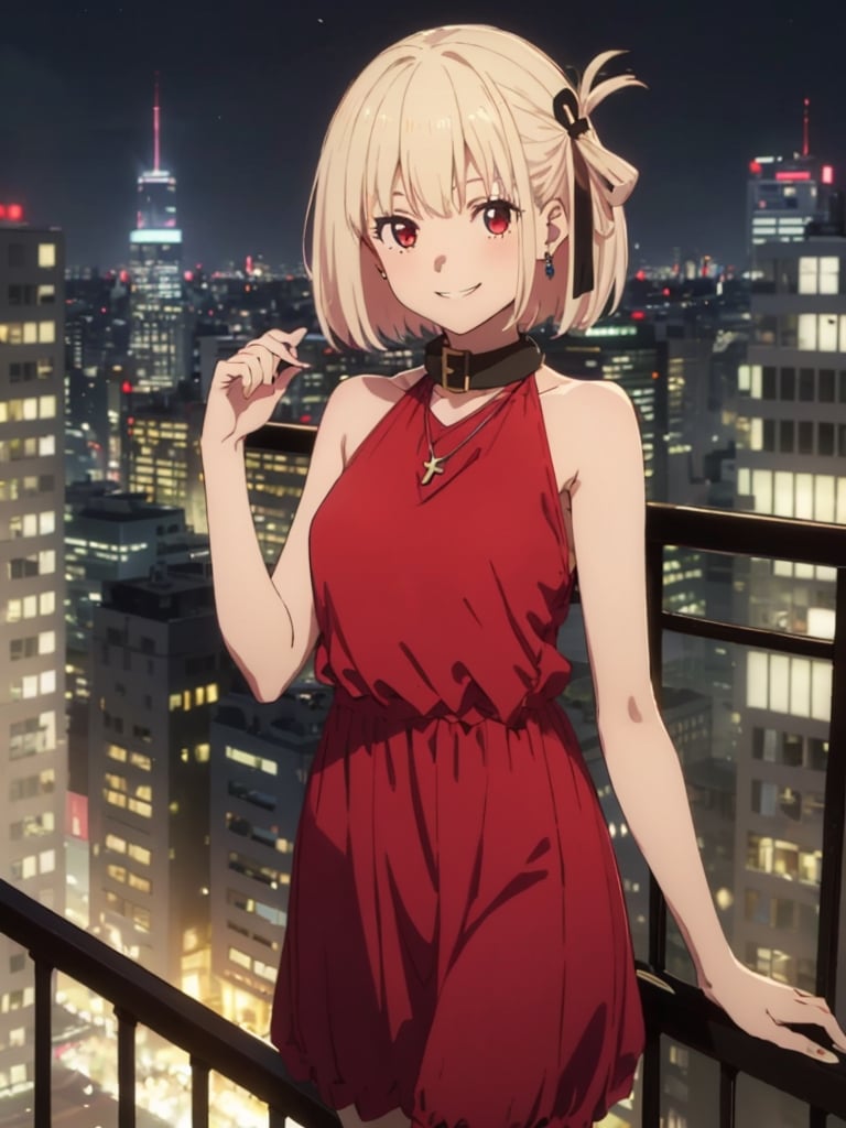 (masterpiece, best quality:1.4),,(1girl:1.3),(solo:1.3),(seductive_smile:1.2),standing,(arm_behind_head:1.2),looking at viewer,chdo,red dress,sleeveless dress,sleeveless,bare shoulders,official alternate costume,black collar,jewelry,necklace,pendant,ribbon,hair ribbon,black ribbon,modern,Europe,(balcony:1.2),night,night_sky,cityscape,
