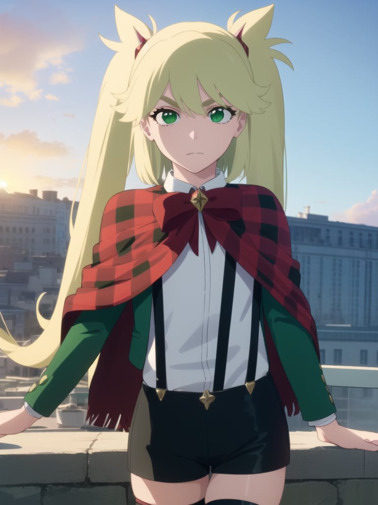 1girl, soro, ninnyspangcole, , ninny spangcole, long hair, blonde hair, (green eyes:1.5), twintails, two side up, shirt, thighhighs, long sleeves, bow, jacket, white shirt, shorts, bowtie, red bow, thigh strap, capelet, black shorts, suspenders, green jacket, suspender shorts, outdoors, city, sun, sky, clouds, looking at viewer, (cowboy shot:1.5), (masterpiece:1.2), best quality, high resolution, unity 8k wallpaper, (illustration:0.8), (beautiful detailed eyes:1.6), extremely detailed face, perfect lighting, extremely detailed CG, (perfect hands, perfect anatomy),ninny spangcole