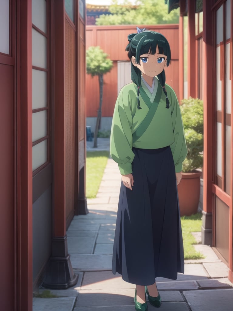 Maomao, frown, east asian architecture, blunt bangs, green hair, long hair, blue eyes, solo, gonvgreen, sidelocks, twin braids, hair over shoulder, hair beads, half updo, single hair bun, hair ribbon, blue ribbon, freckles, hanfu, green japanese clothes, long sleeves, wide sleeves, purple skirt, long skirt, shoes, have a laundry basket, courtyard, beam smile, outdoors, cowboy shot, looking at viewer
