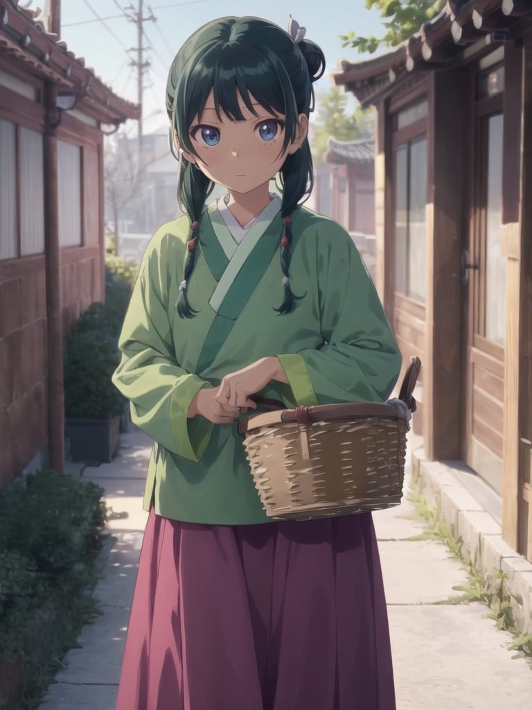 Maomao, east asian architecture, blunt bangs, green hair, long hair, blue eyes, solo, gonvgreen, sidelocks, twin braids, hair over shoulder, hair beads, half updo, single hair bun, hair ribbon, blue ribbon, freckles, hanfu, green japanese clothes, long sleeves, wide sleeves, purple skirt, long skirt, shoes, outdoor, (burdened a basket:1.5), looking at viewer