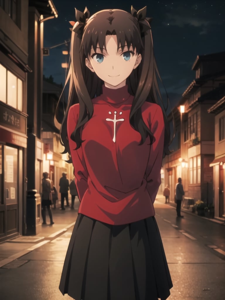 Top Quality, (Masterpiece: 1.2), High Definition, Around Town, Street Scene, Night, Rin Tohsaka, 1girl, Solo, Standing, from side, (arms behind back:1.5), Looking at Her, Smiling, Long Hair, Two Side Up, Brown Hair, Blue Eyes, Hair Ribbon, Red Turtleneck, Long Sleeves, Pleated skirt, black skirt, kneehighs,tohsaka rin