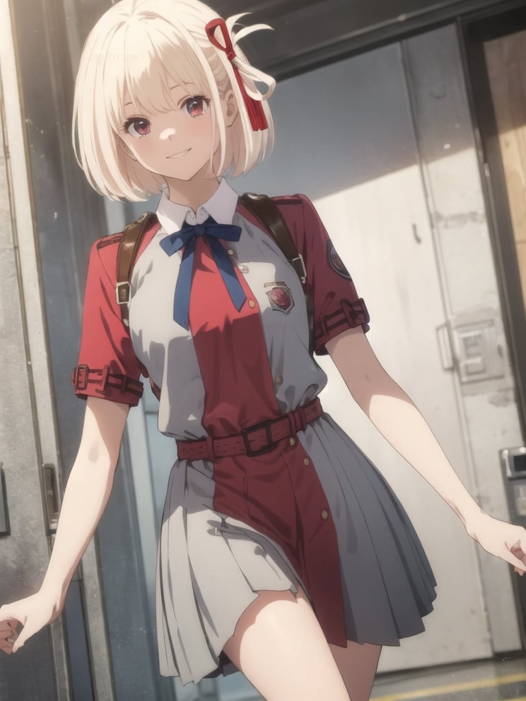 (masterpiece, best quality:1.4),1girl,giggling,solo,looking at viewer,(bent_over:1.2),(park:1.2),chso,lycoris uniform,red belt,shirt,white shirt,collared shirt,ribbon,hair ribbon,red ribbon,neck ribbon,blue ribbon,school uniform,belt,thighs,two-tone dress,pleated dress,red dress,grey dress,,
