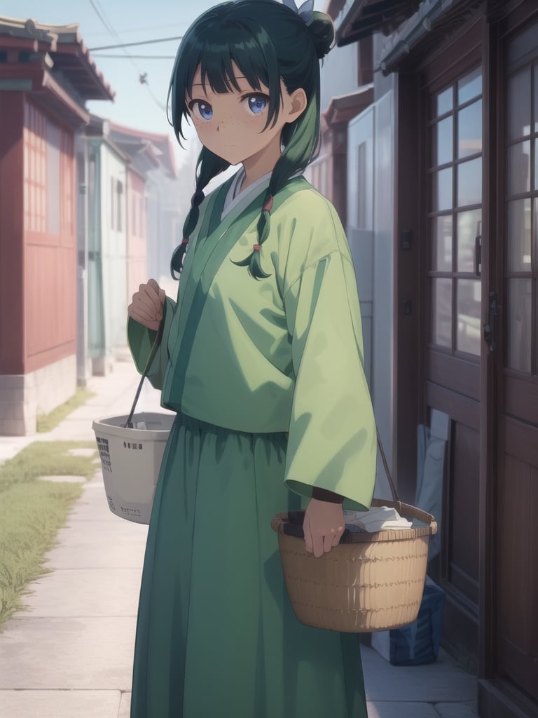 Maomao, frown, east asian architecture, blunt bangs, green hair, long hair, blue eyes, solo, gonvgreen, sidelocks, twin braids, hair over shoulder, hair beads, half updo, single hair bun, hair ribbon, blue ribbon, freckles, hanfu, green japanese clothes, long sleeves, wide sleeves, purple skirt, long skirt, shoes, (have a laundry basket:1.5), courtyard, beam smile, outdoors, cowboy shot, looking at viewer
