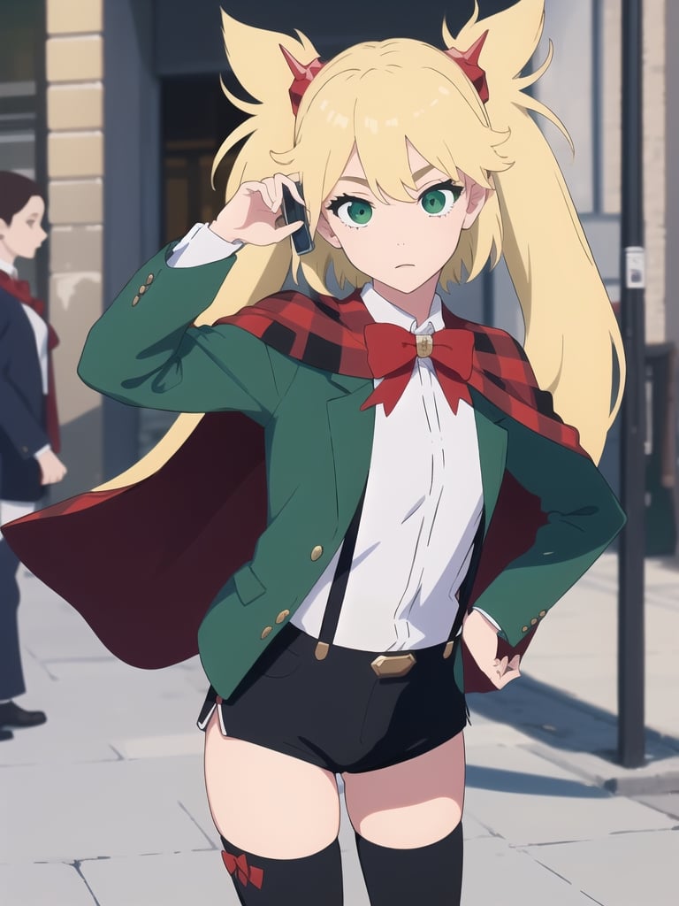 ((best quality)),((highly detailed)),masterpiece,absurdres,detailed face,beautiful face,(detailed eyes, deep eyes),1girl,((dynamic pose)), , Ninny, blonde hair, green eyes, thighhighs, suspenders, long hair, shorts, twintails, suspender shorts, bow, jacket, phone, bowtie, black shorts, short shorts, red bow, capelet, outdoors, school uniform, shirt, crossover, cellphone, striped, green jacket, solo, white shirt, red bowtie, looking at viewer, ribbon, cosplay, cape, hair ornament, holding, closed mouth, solo focus, smartphone, long sleeves, horns, day
