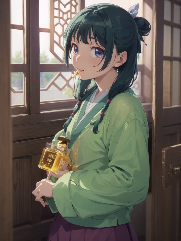 Maomao, indoors,Wood windows, Chinese architecture, (left arm bandage:1.2), blunt bangs, green hair, long hair, blue eyes, solo, gonvgreen, sidelocks, twin braids, hair over shoulder, hair beads, half updo, single hair bun, hair ribbon, blue ribbon, freckles, hanfu, green japanese clothes, long sleeves, wide sleeves, purple skirt, long skirt, (licking honey:1.5), star eyes, looking at viewer