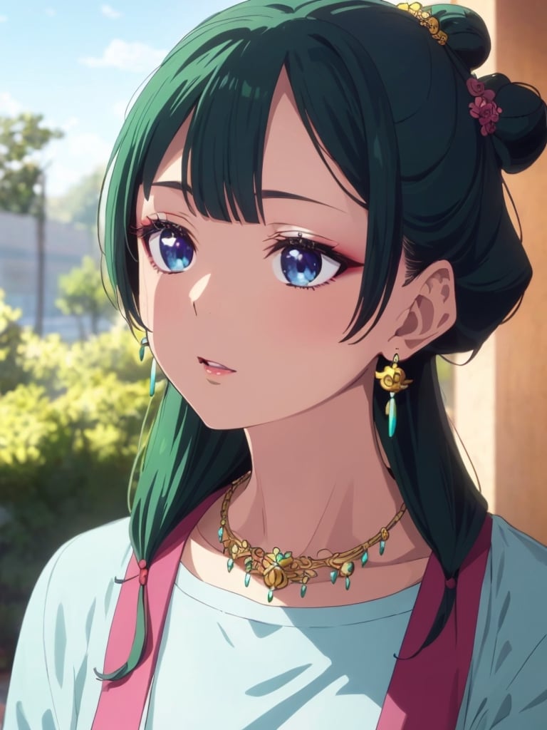 maomao,Dark green hair,blue eyes,hair ornament, hair bun, Earrings,Earrings,Gold necklaceï¼Red eye shadow((extremely realistic shading, masterpiece, extremely detailed, photorealistic))
