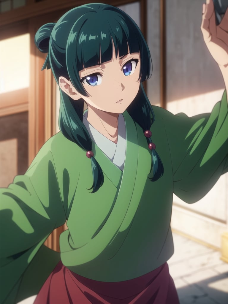 maomao,long hair, bangs,blue eyes,hair ornament,green hair,blunt bangs, freckles,hair bun,single hair bun japanese clothes, robe, green robe, long sleeves, wide sleeves, skirt, red skirt, 1girl in full growth, best quality, masterpiece, ultra-detailed, high quality, perfect nose, highly detailed skin, warm skin tone, defiance512, RAW photo, best quality, high resolution, (masterpiece), dreamlike, dreamy, modelshoot style, analog style, tonemapping, photorealistic, professional photography, sharp focus, HDR, 8K resolution, intricate detail, sophisticated detail, hyper detailed, (depth of field), highlight and shadow, volumetric lighting, cinematic bloom, professional light, looking at viewer, blotchy,
