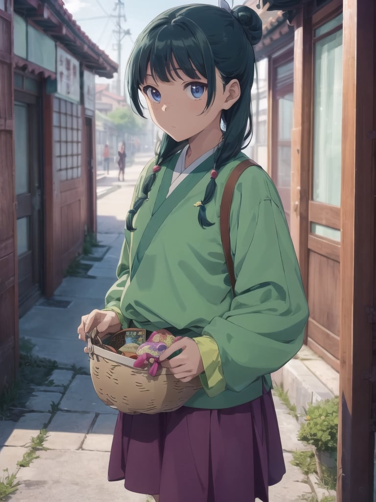 Maomao, east asian architecture, blunt bangs, green hair, long hair, blue eyes, solo, gonvgreen, sidelocks, twin braids, hair over shoulder, hair beads, half updo, single hair bun, hair ribbon, blue ribbon, freckles, hanfu, green japanese clothes, long sleeves, wide sleeves, purple skirt, long skirt, shoes, outdoor, (Wearing a basket:1.5), looking at viewer