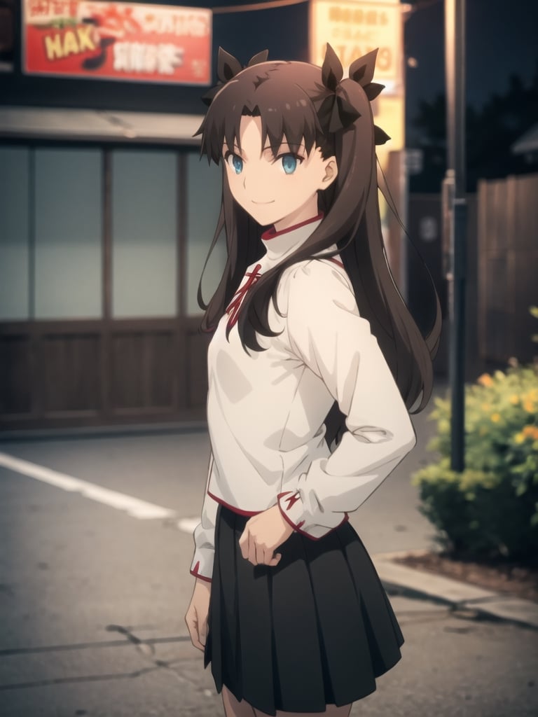 Top Quality, (Masterpiece: 1.2), High Definition, Around Town, Street Scene, Night, Rin Tohsaka, 1girl, Solo, Standing, from side, arms behind hip, Looking at Her, Smiling, Long Hair, Two Side Up, Brown Hair, Blue Eyes, Hair Ribbon, Red Turtleneck, Long Sleeves, Pleated skirt, black skirt, kneehighs,tohsaka rin