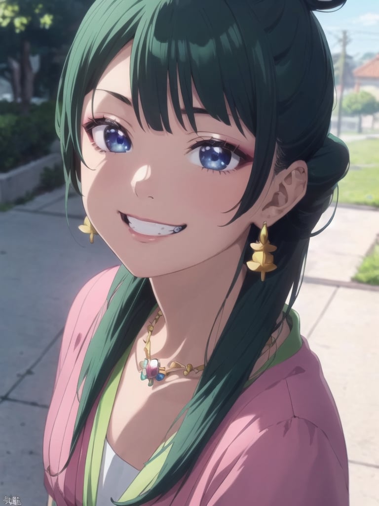 maomao,Dark green hair,blue eyes,hair ornament, hair bun, Earrings,Earrings,Gold necklace, Red eye shadow, grin smile, handkerchief to lips, ((extremely realistic shading, masterpiece, extremely detailed, photorealistic)), upper body shot, shoot from above, (looking at  viewer:1.5), earrings