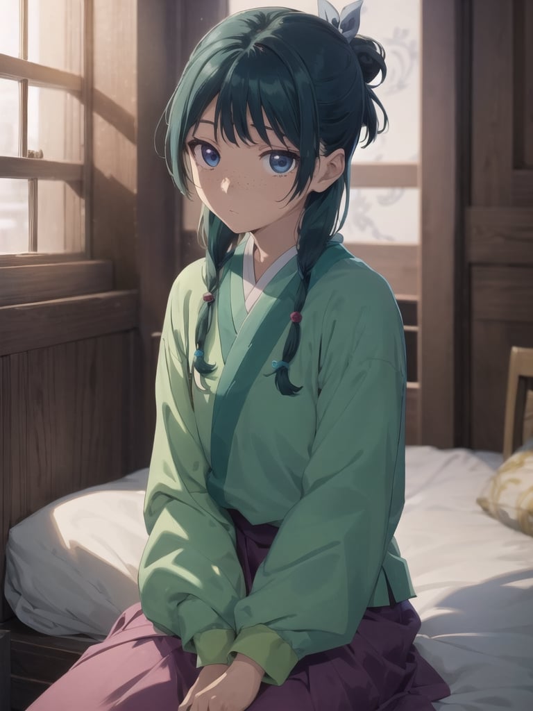 Maomao, indoors,Wood windows, Chinese architecture, left arm bandage, blunt bangs, green hair, long hair, blue eyes, solo, gonvgreen, sidelocks, twin braids, hair over shoulder, hair beads, half updo, single hair bun, hair ribbon, blue ribbon, freckles, hanfu, green japanese clothes, long sleeves, wide sleeves, purple skirt, long skirt, bed sitting, tired, star eyes, looking at viewer,