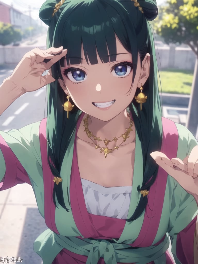 maomao,Dark green hair,blue eyes,hair ornament, hair bun, Earrings,Earrings,Gold necklace, Red eye shadow, grin smile,  (Raising one hand:1.5), ((extremely realistic shading, masterpiece, extremely detailed, photorealistic)), upper body shot, shoot from above, (looking at  viewer:1.5),