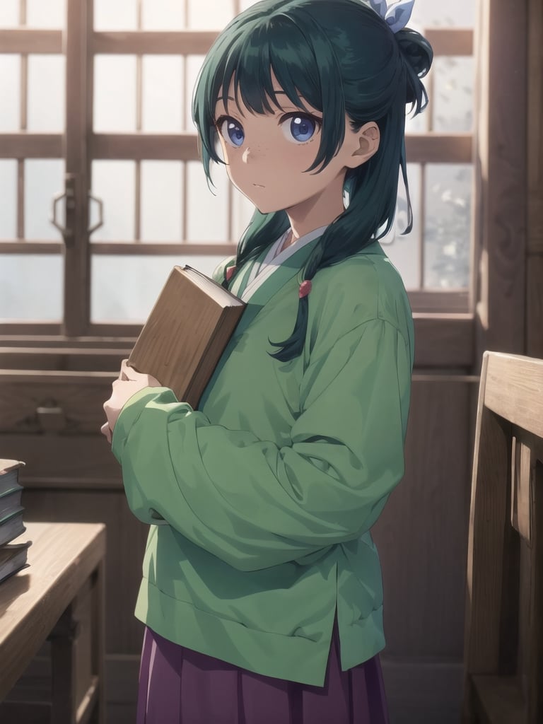 Maomao, indoors,Wood windows, Chinese architecture, (left arm bandage:1.2), blunt bangs, green hair, long hair, blue eyes, solo, gonvgreen, sidelocks, twin braids, hair over shoulder, hair beads, half updo, single hair bun, hair ribbon, blue ribbon, freckles, hanfu, green japanese clothes, long sleeves, wide sleeves, purple skirt, long skirt, (Holding a book:1.5), star eyes, looking at viewer