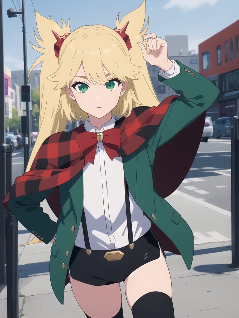 ((best quality)),((highly detailed)),masterpiece,absurdres,detailed face,beautiful face,(detailed eyes, deep eyes),1girl,((dynamic pose)), , Ninny, blonde hair, green eyes, thighhighs, suspenders, long hair, shorts, twintails, suspender shorts, bow, jacket, phone, bowtie, black shorts, short shorts, red bow, capelet, outdoors, school uniform, shirt, crossover, cellphone, striped, green jacket, solo, white shirt, red bowtie, looking at viewer, ribbon, cosplay, cape, hair ornament, holding, closed mouth, solo focus, smartphone, long sleeves, horns, day
