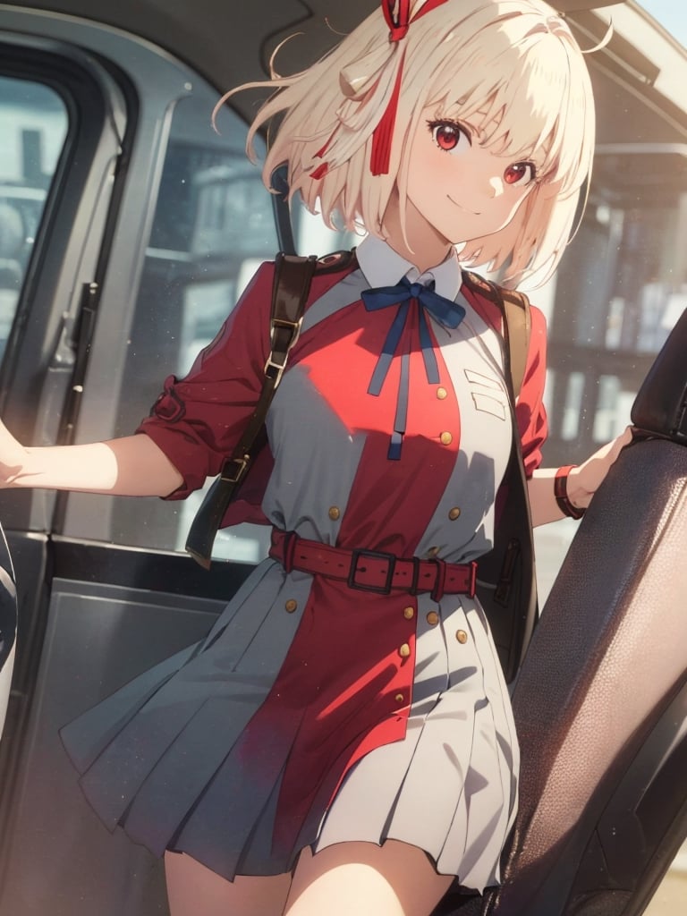 (masterpiece, best quality:1.4),1girl, evil smile, solo,looking at viewer, waving at viewer, (park:1.2), lycoris uniform, red belt, shirt,white shirt,collared shirt,ribbon,hair ribbon,red ribbon,neck ribbon,blue ribbon,school uniform,belt,thighs,two-tone dress,pleated dress,red dress,grey dress