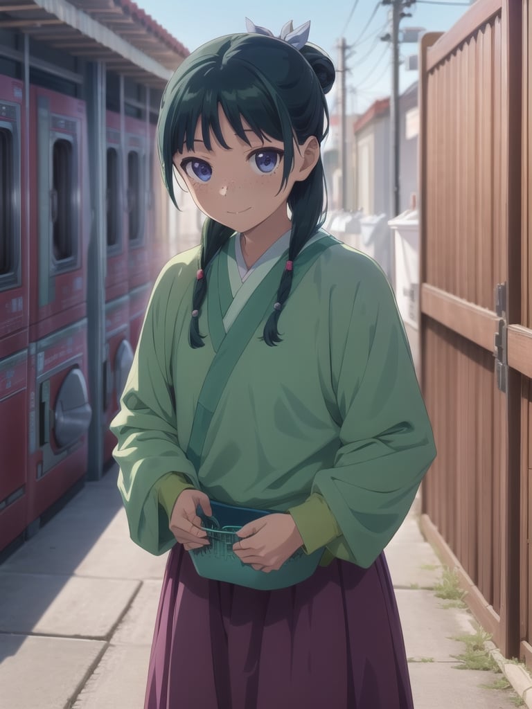 Maomao, east asian architecture, blunt bangs, green hair, long hair, blue eyes, solo, gonvgreen, sidelocks, twin braids, hair over shoulder, hair beads, half updo, single hair bun, hair ribbon, blue ribbon, freckles, hanfu, green japanese clothes, long sleeves, wide sleeves, purple skirt, long skirt, shoes, (have a laundry basket:1.5), courtyard, beam smile, outdoors, cowboy shot, looking at viewer
