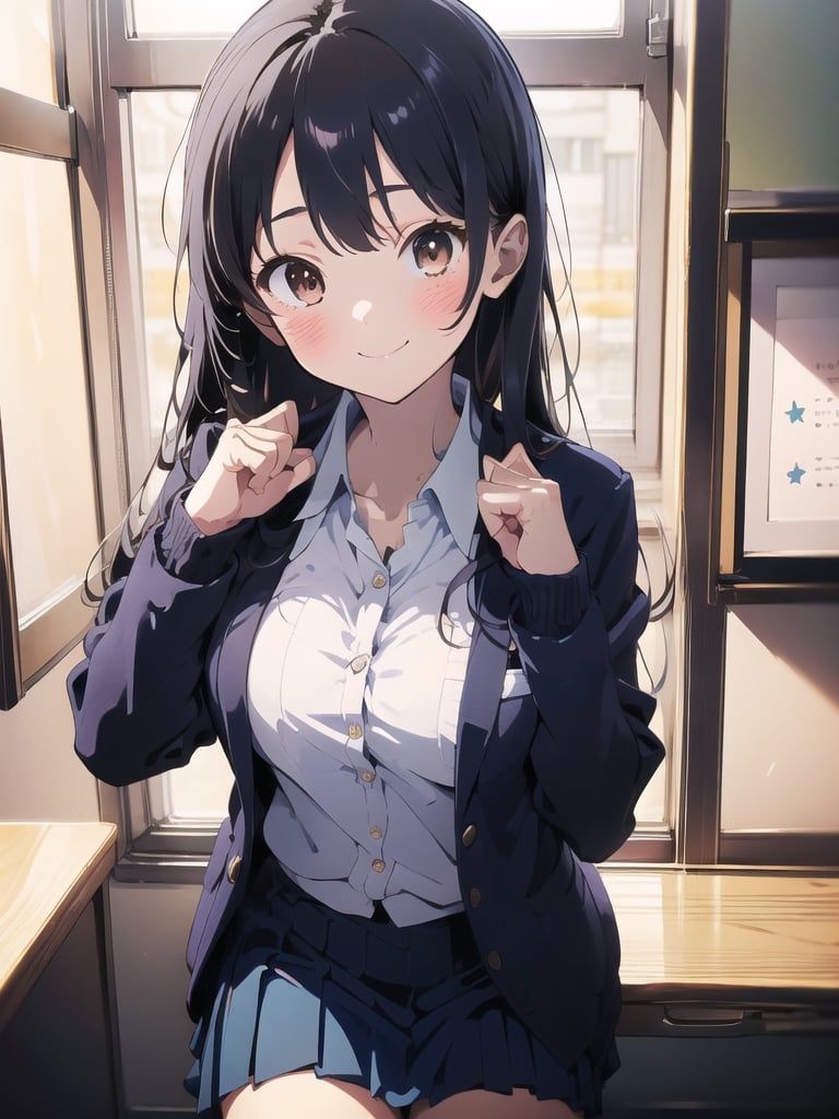 masterpiece, absurdres, ultra-detailed, Yamada Anna, 1girl, solo, long hair, blush, large breasts, black hair, long sleeves, brown eyes, school uniform, jacket, white shirt, pleated skirt, collared shirt, blue skirt, blazer, cardigan, blue jacket, (realistic:0.35), blush, smile, looking at viewer, breast pocket, , (heart-shaped hands:1.3)