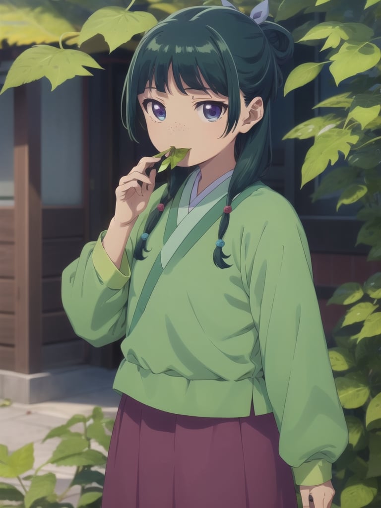 Maomao, east asian architecture, blunt bangs, green hair, long hair, blue eyes, solo, gonvgreen, sidelocks, twin braids, hair over shoulder, hair beads, half updo, single hair bun, hair ribbon, blue ribbon, freckles, hanfu, green japanese clothes, long sleeves, wide sleeves, purple skirt, long skirt, shoes, outdoor, have a colander, (leaf hold in mouth:1.5), looking at viewer