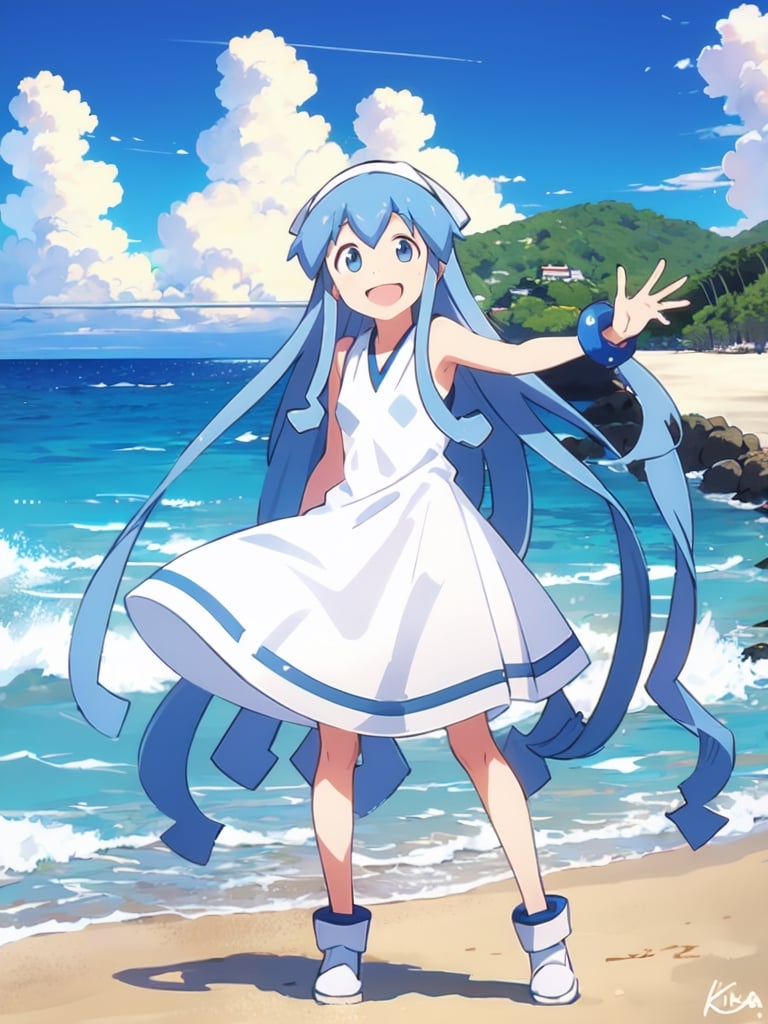 masterpiece, best quality, 1girl, beach, blue eyes, blue hair, dress, ikamusume, long hair, tentacle hair, laughing,  looking at viewer, ika,best quality,ika