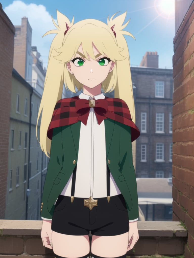 1girl, soro, ninnyspangcole, , ninny spangcole, long hair, blonde hair, (green eyes:1.5), twintails, two side up, shirt, thighhighs, long sleeves, bow, jacket, white shirt, shorts, bowtie, red bow, thigh strap, capelet, black shorts, suspenders, green jacket, suspender shorts, outdoors, city, sun, sky, clouds, looking at viewer, (cowboy shot:1.5), (masterpiece:1.2), best quality, high resolution, unity 8k wallpaper, (illustration:0.8), (beautiful detailed eyes:1.6), extremely detailed face, perfect lighting, extremely detailed CG, (perfect hands, perfect anatomy),