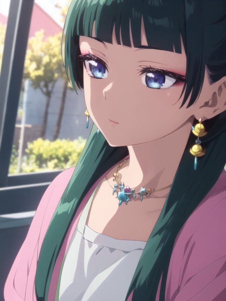 maomao,Dark green hair,blue eyes,hair ornament, hair bun, Earrings,Earrings,Gold necklace,Red eye shadow((extremely realistic shading, cowboy shot, masterpiece, extremely detailed, photorealistic))
