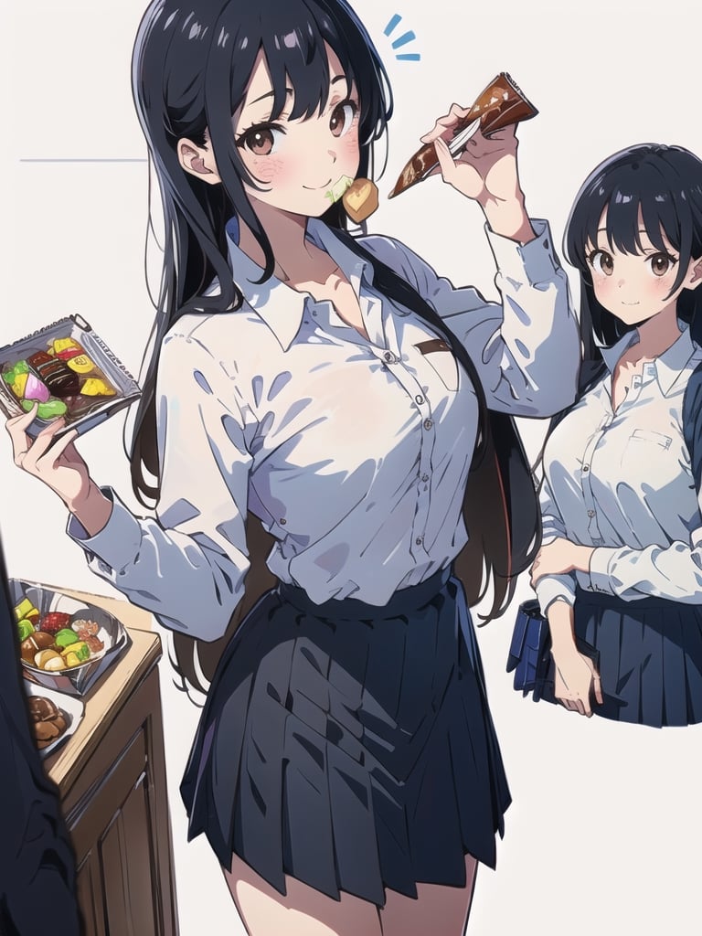 (masterpiece:1.2),best quality,PIXIV,Anna yamada,1girl,solo,skirt,shirt,breasts,long hair,looking at viewer,white shirt,white background,smile,mole,collared shirt,large breasts,simple background,chocolate,food,blush,black hair,black skirt,bag,pleated skirt,food on face,closed mouth,bangs,school uniform,holding,brown eyes,shirt tucked in,long sleeves,mole on neck,eating,holding food,shoulder bag,collarbone,dress shirt,cowboy shot,candy,,
