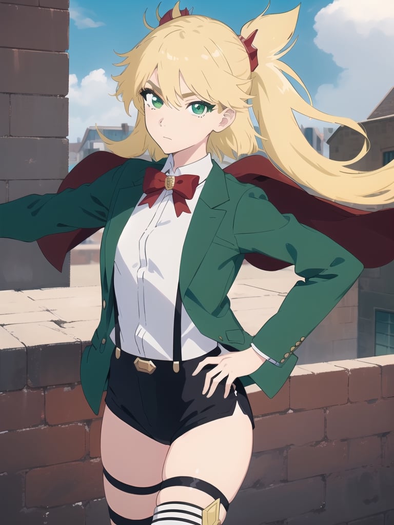 1girl, soro, ninnyspangcole, , ninny spangcole, long hair, blonde hair, (green eyes:1.5), twintails, two side up, shirt, thighhighs, long sleeves, bow, jacket, white shirt, shorts, bowtie, red bow, thigh strap, capelet, black shorts, suspenders, green jacket, suspender shorts, outdoors, city, sun, sky, clouds, looking at viewer, (cowboy shot:1.5), (masterpiece:1.2), best quality, high resolution, unity 8k wallpaper, (illustration:0.8), (beautiful detailed eyes:1.6), extremely detailed face, perfect lighting, extremely detailed CG, (perfect hands, perfect anatomy),ninny spangcole,maomao,Ninny