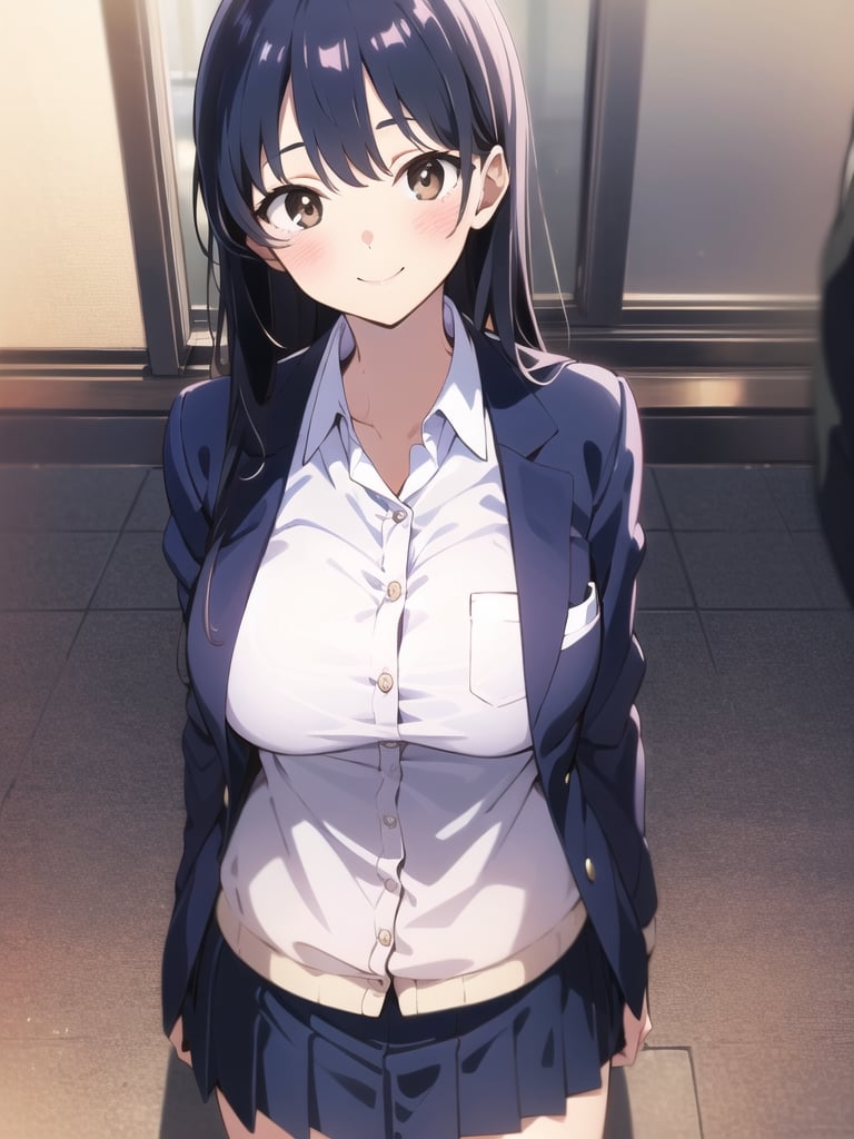 masterpiece, absurdres, ultra-detailed, Yamada Anna, 1girl, solo, long hair, blush, large breasts, black hair, long sleeves, brown eyes, school uniform, jacket, white shirt, pleated skirt, collared shirt, blue skirt, blazer, cardigan, blue jacket, (realistic:0.35), blush, smile, looking at viewer, breast pocket, Anna yamada