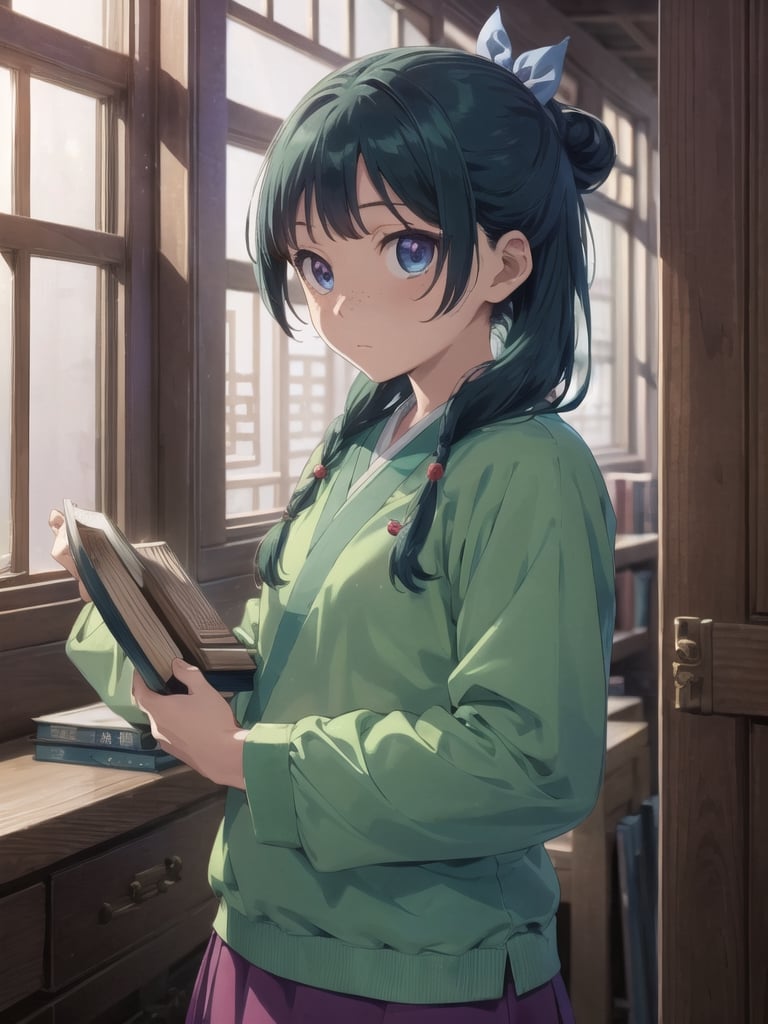 Maomao, indoors,Wood windows, Chinese architecture, (left arm bandage:1.2), blunt bangs, green hair, long hair, blue eyes, solo, gonvgreen, sidelocks, twin braids, hair over shoulder, hair beads, half updo, single hair bun, hair ribbon, blue ribbon, freckles, hanfu, green japanese clothes, long sleeves, wide sleeves, purple skirt, long skirt, (Holding a book:1.5), star eyes, looking at viewer