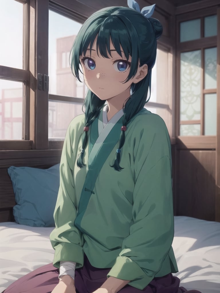 Maomao, indoors,Wood windows, Chinese architecture, left arm bandage, blunt bangs, green hair, long hair, blue eyes, solo, gonvgreen, sidelocks, twin braids, hair over shoulder, hair beads, half updo, single hair bun, hair ribbon, blue ribbon, freckles, hanfu, green japanese clothes, long sleeves, wide sleeves, purple skirt, long skirt, bed sitting, tired, star eyes, looking at viewer,