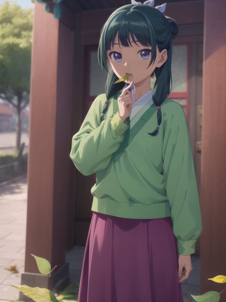 Maomao, east asian architecture, blunt bangs, green hair, long hair, blue eyes, solo, gonvgreen, sidelocks, twin braids, hair over shoulder, hair beads, half updo, single hair bun, hair ribbon, blue ribbon, freckles, hanfu, green japanese clothes, long sleeves, wide sleeves, purple skirt, long skirt, shoes, outdoor, have a colander, (leaf hold in mouth:1.5), looking at viewer