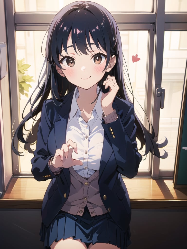 masterpiece, absurdres, ultra-detailed, Yamada Anna, 1girl, solo, long hair, blush, large breasts, black hair, long sleeves, brown eyes, school uniform, jacket, white shirt, pleated skirt, collared shirt, blue skirt, blazer, cardigan, blue jacket, (realistic:0.35), blush, smile, looking at viewer, breast pocket, , (heart-shaped hands:1.3),Anna yamada