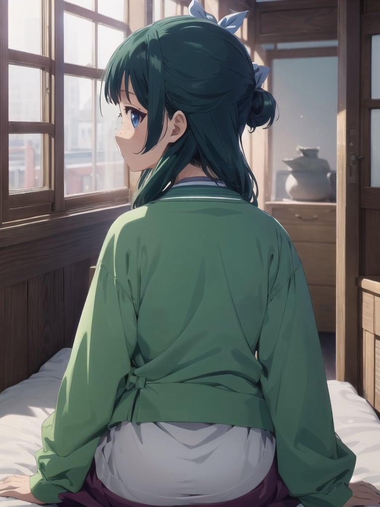 Maomao, indoors,Wood windows, Chinese architecture, left arm bandage, blunt bangs, green hair, long hair, blue eyes, solo, gonvgreen, sidelocks, twin braids, hair over shoulder, hair beads, half updo, single hair bun, hair ribbon, blue ribbon, freckles, hanfu, green japanese clothes, long sleeves, wide sleeves, purple skirt, long skirt, bed sitting, tired, star eyes, looking at viewer,