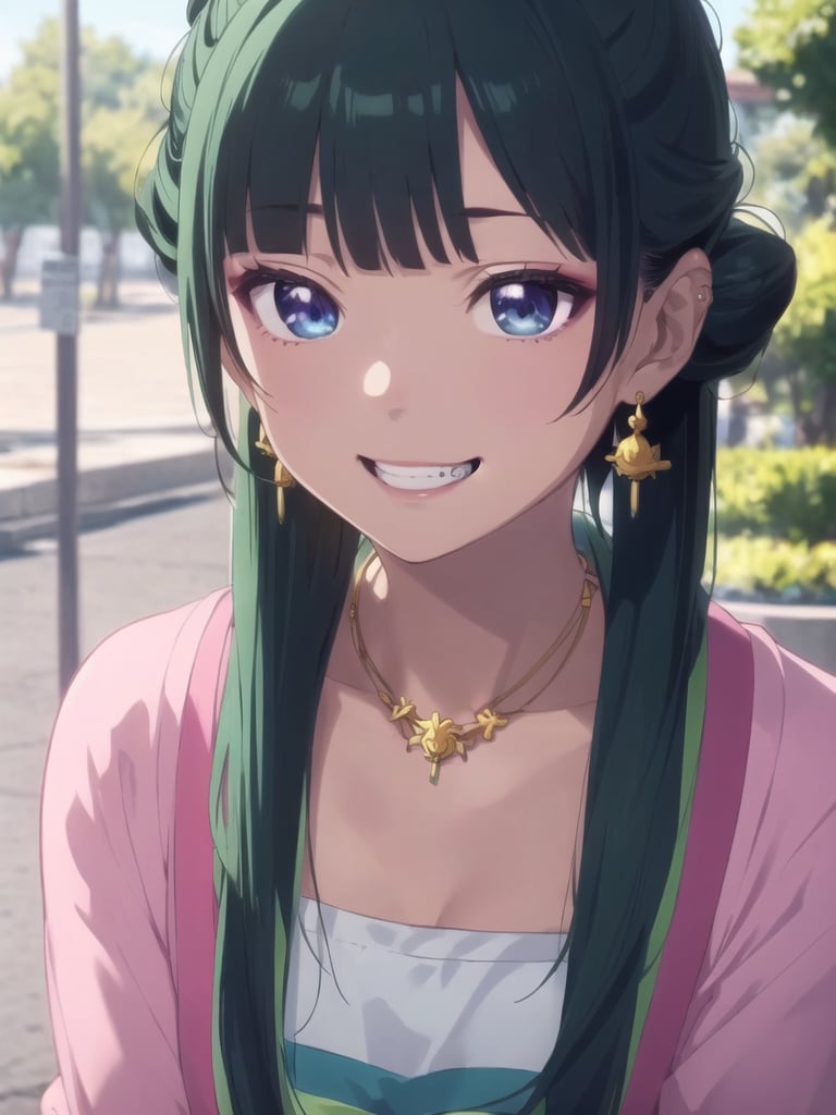 maomao,Dark green hair,blue eyes,hair ornament, hair bun, Earrings,Earrings,Gold necklace, Red eye shadow, grin smile, handkerchief to lips, ((extremely realistic shading, masterpiece, extremely detailed, photorealistic)), upper body shot, shoot from above, (looking at  viewer:1.5), earrings