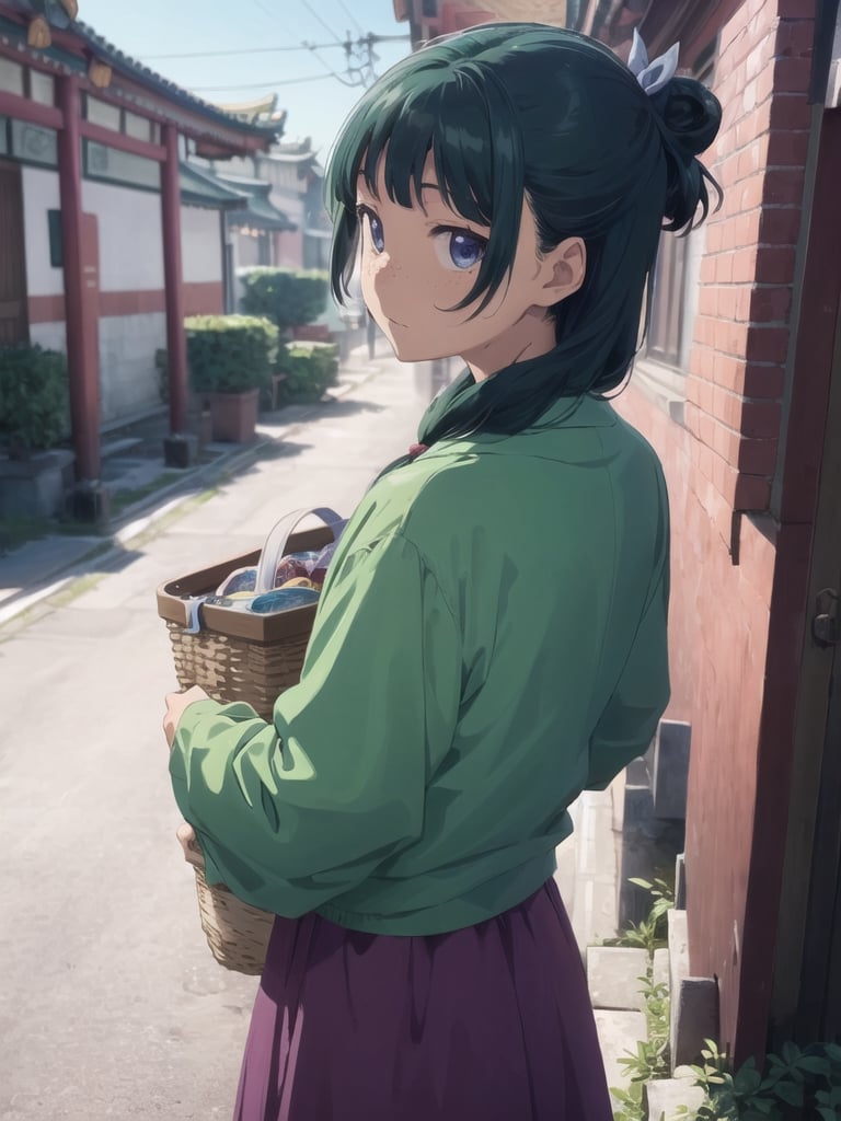 Maomao, east asian architecture, blunt bangs, green hair, long hair, blue eyes, solo, gonvgreen, sidelocks, twin braids, hair over shoulder, hair beads, half updo, single hair bun, hair ribbon, blue ribbon, freckles, hanfu, green japanese clothes, long sleeves, wide sleeves, purple skirt, long skirt, shoes, outdoor, (carrying a basket on his back:1.2), looking at viewer