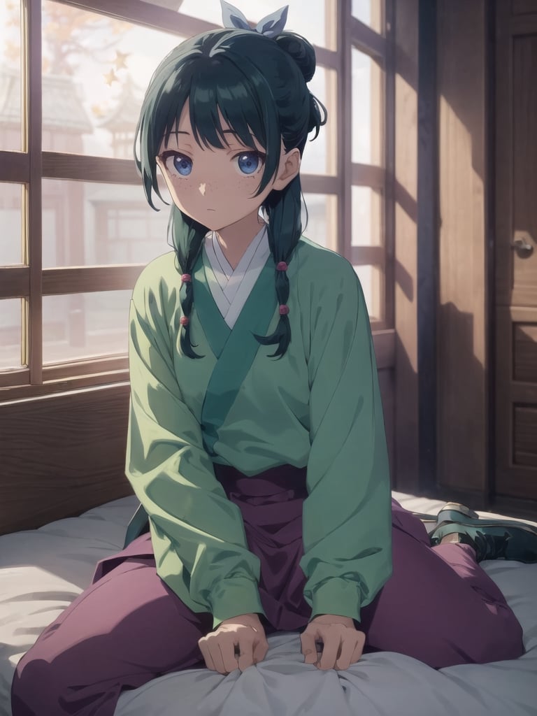 Maomao, indoors,Wood windows, Chinese architecture, left arm bandage, blunt bangs, green hair, long hair, blue eyes, solo, gonvgreen, sidelocks, twin braids, hair over shoulder, hair beads, half updo, single hair bun, hair ribbon, blue ribbon, freckles, hanfu, green japanese clothes, long sleeves, wide sleeves, purple skirt, long skirt, shoes, bed sitting, tired, star eyes, looking at viewer,